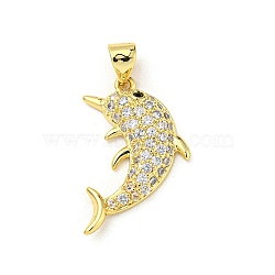 Brass Micro Pave Cubic Zirconia Pendants, Animal, Dolphin, 23x14.5x3.4mm(FIND-Z023-02C)