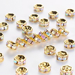 Brass Grade A Rhinestone Spacer Beads, Golden Plated, Rondelle, Nickel Free, Crystal AB, 7x3.2mm, Hole: 1.2mm(RSB037NF-02G)