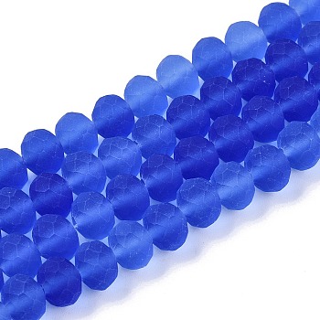 Transparent Glass Beads Strands, Faceted, Frosted, Rondelle, Blue, 8mm, Hole: 1mm, about 64~65pcs/strand, 40~41cm