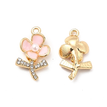 Alloy Rhinestone Enamel Pendants, with ABS Plastic Imitation Pearl Beads, Flower Charms, Pink, 19.5x11x4mm, Hole: 1.5mm