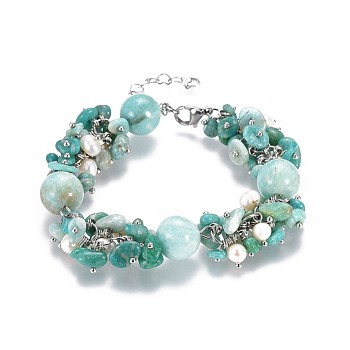 Natural Amazonite Beads Bracelets, with Natural Pearls and 304 Stainless Steel Lobster Claw Clasps, Packing Box, 7-1/4 inch(18.3cm)