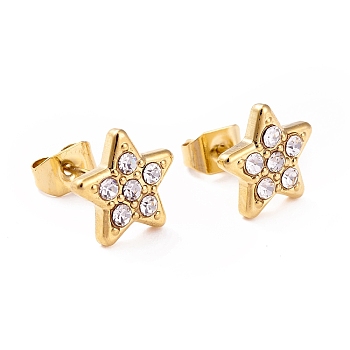Crystal Rhinestone Star Stud Earrings, 304 Stainless Steel Jewelry for Women, Golden, 9x9mm, Pin: 0.6mm