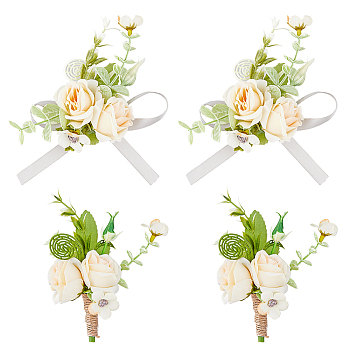 HOBBIESAY 4Pcs 2 Style Artificial Sunflower Wrist Corsage & Brooch, with Cloth & Twine & Plastic Finding, for Wedding & Christmas Present, Lemon Chiffon, 107~510x9~120x0.2~53mm, 2pcs/style