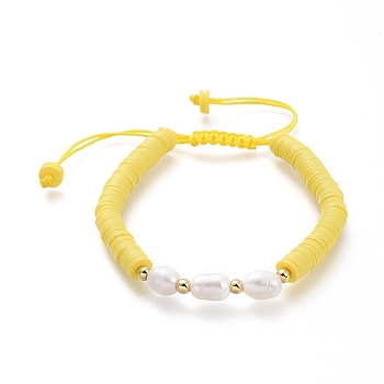 Adjustable Nylon Thread Braided Bead Bracelets, with Natural Cultured Freshwater Pearls and Handmade Polymer Clay Beads, Brass Beads, Golden, Yellow, 5.6~9.3cm