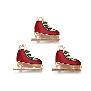 Christmas Alloy Enamel Pendants, Cadmium Free & Lead Free, Light Gold, Skating Shoes, Dark Red, 14x15x3mm, Hole: 1.5mm