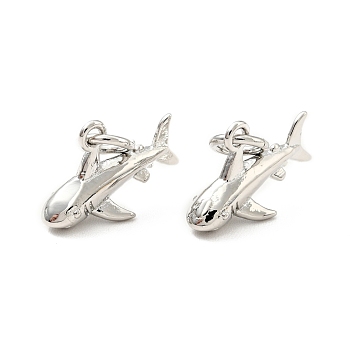 Brass Charms, with Jump Ring, Cadmium Free & Lead Free, Shark, Platinum, 8.5x13.5x4mm