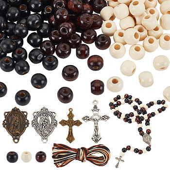 Elite Wood Rosary Beaded Style Necklaces Bracelet Making Kit, Cross & Virgin Mary Alloy Pendants Jewelry Set, Antique Bronze & Antique Silver, 10x4mm