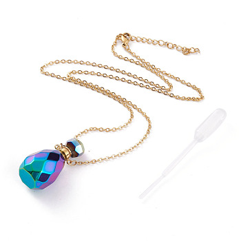 Electroplated Natural Quartz Crystal Openable Perfume Bottle Pendant Necklaces, with 304 Stainless Steel Cable Chains and Plastic Dropper, Faceted, Golden, Colorful, 20.47 inch(52cm), Bottle Capacity: 2~3ml(0.06~0.1 fl. oz)