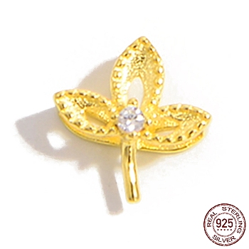 925 Sterling Peg Bails, with Cubic Zirconia, Leaf, Real 18K Gold Plated, 9.5x8x4mm, Pin: 0.7mm