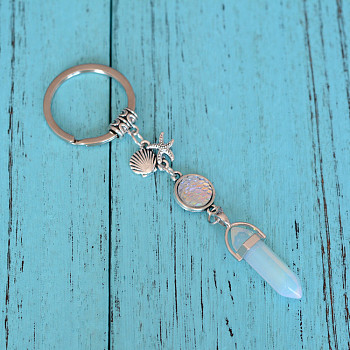 Opalite Bullet Pendant Keychains, with Alloy Starfish & Shell Shape, 3.5cm