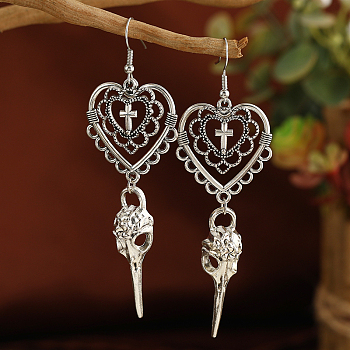 Gothic Heart Cross Skull Dangle Earrings, Halloween Party, Silver, 88x27mm