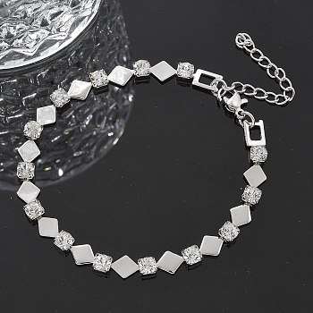 304 Stainless Steel Rhinestone Cup Chain Bracelets for Women, Rhombus, Stainless Steel Color, 7-1/8 inch(18cm)