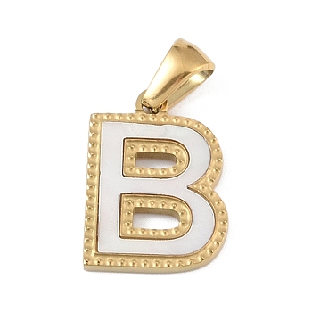 Natural White Shell Alphabet Pendants, Ion Plating(IP) Real 18K Gold Plated 304 Stainless Steel Charms, Letter B, 17x12.5x1.5mm, Hole: 5x3mm