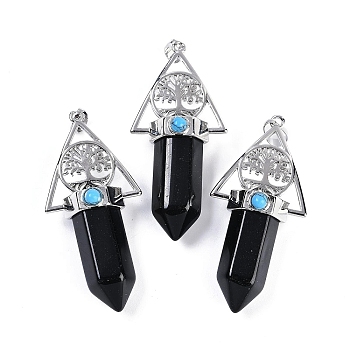 Natural Obsidian Faceted Pointed Bullet Big Pendants, Rack Plating Brass Tree of Life Triangle Charms, Platinum, Lead Free & Cadmium Free, 56~57x26.5~27x16.5~17mm, Hole: 6x4mm