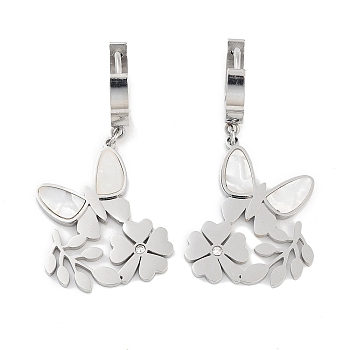 Butterfly 304 Stainless Steel Shell Dangle Earrings, Flower Rhinestone Hoop Earrings for Women, Stainless Steel Color, 41x20mm