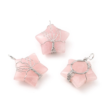 Natural Rose Quartz Pendants, with Platinum Tone Copper Wire Wrapped, Cadmium Free & Lead Free, Star, 34~37.5x29~31x10~12mm, Hole: 5~6mm