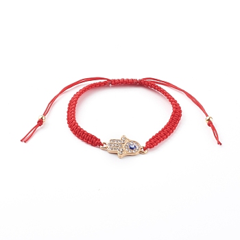 Adjustable Nylon Thread Braided Bead Bracelets, Red String Bracelets, with Enamel and Alloy Rhinestone Links, Hamsa Hand with Evil Eye, Golden, Red, Inner Diameter: 2-1/8~3-1/2 inch(5.3~8.8cm)