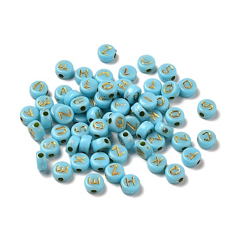 Plating Acrylic Beads, Golden Metal Enlaced, Horizontal Hole, Flat Round with Letter, Light Sky Blue, 6.5~7x3.5~4mm, Hole: 1.6mm, about 3600g/500g