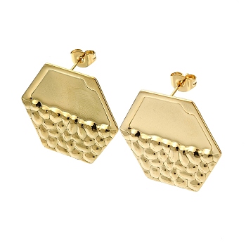 Ion Plating(IP) 201 Stainless Steel Stud Earrings, with 304 Stainless Steel Pins, Textured Hexagon, Real 18K Gold Plated, 23x26mm
