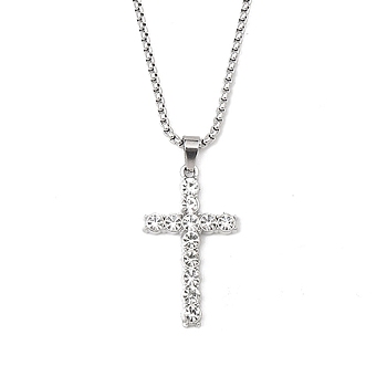 Zinc Alloy with Rhinestone Cross Pendant Necklaces, 201 Stainless Steel Chains Necklaces, Stainless Steel Color, 23.54 inch(59.8cm), Cross: 37.5x22.5mm