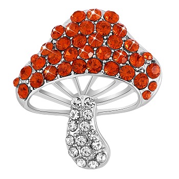 Cubic Zirconia Mushroom Brooch, Alloy Badge for Backpack Clothes, Orange Red, 30x27mm