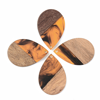 Resin & Walnut Wood Pendants, Teardrop, Orange, 35.5x24.5x3mm, Hole: 2mm