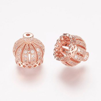 Brass Micro Pave Cubic Zirconia Beads, Tassel Cap Bail, Crown, Hollow, Clear, Rose Gold, 11x11mm, Hole: 1mm