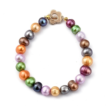 Natural Cultured Freshwater Pearl Beaded Bracelets, with Flower Brass Toggle Clasps, Golden, Colorful, 7-7/8 inch(20cm)