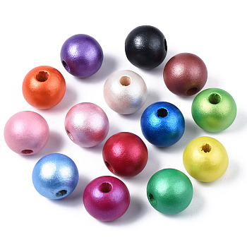 Painted Natural Wood European Beads, Pearlized, Large Hole Beads, Round, Mixed Color, 16x14.5mm, Hole: 4mm