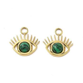 Natural Malachite Eye Charms, with Vacuum Plating Real 18K Gold Plated 201 Stainless Steel Findings, 15x14.5x3.5mm, Hole: 2.5mm