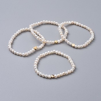 Stretch Bracelets, with Brass Beads, Grade A Natural Freshwater Pearl Beads and Burlap Packing Pouches Drawstring Bags, White, 2-1/8 inch(5.4cm)