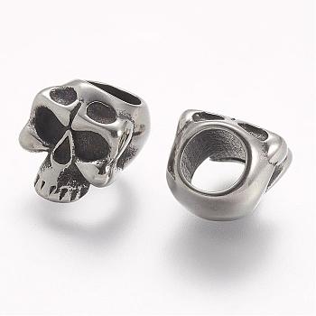 304 Stainless Steel Slide Charms, Skull, Large Hole Beads, Antique Silver, 11x12x10mm, Hole: 6mm