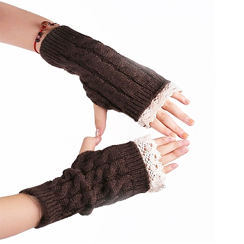 Acrylic Fiber Yarn Knitting Fingerless Gloves, Lace Edge Winter Warm Gloves with Thumb Hole for Women, Coconut Brown, 190x75mm