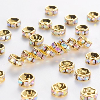 Brass Grade A Rhinestone Spacer Beads, Golden Plated, Rondelle, Nickel Free, Crystal AB, 7x3.2mm, Hole: 1.2mm