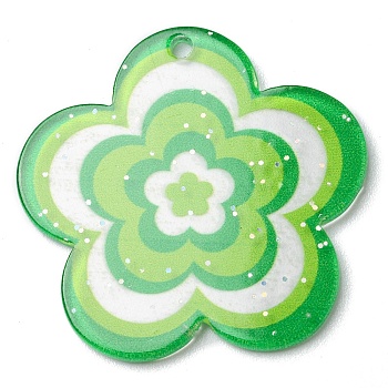 Acrylic Pendants with Glitter Powder, Flower, Green Yellow, 30.5x31.5x1.8mm, Hole: 1.8mm