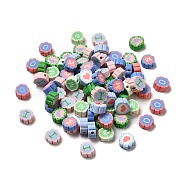 Handmade Polymer Clay Beads, Flat Round, Letter Pattern, 9~10x4.5mm, Hole: 1.6mm(CLAY-E001-01E)