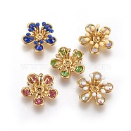 Brass Bead Caps, with Enamel and Rhinestone, Flower, Golden, Mixed Color, 15.5x16x5mm, Hole: 1mm, Inner Diameter: 4mm(KK-F793-13)
