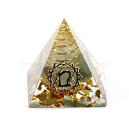 Chakra Pattern Orgonite Pyramid Resin Display Decorations, Healing Pyramids, for Stress Reduce Healing Meditation, with Brass Findings and Natural Green Aventurine Chips Inside, for Home Office Desk, 30.5x30.5x29.5mm(G-PW0005-03A)