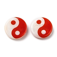 Printed Natural Freshwater Shell Beads, Yin Yang Flat Round Beads, Red, 15x3~3.5mm, Hole: 0.7mm(SHEL-R129-07C-02)