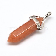 Natural Red Aventurine Double Terminated Pointed Pendants, with Random Alloy Pendant Hexagon Bead Cap Bails, Bullet, Platinum, 36~45x12mm, Hole: 3x5mm, Gemstone: 10mm in diameter(G-J261-B05)
