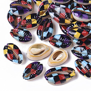 Printed Natural Cowrie Shell Beads, Plaid Beads, No Hole/Undrilled, with Tartan Pattern, Red, 18~21x12~15x7mm(SSHEL-R047-01-E01)