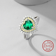 Rhodium Plated Sterling Silver Heart Finger Ring, with Green Cubic Zirconia, with 925 Stamp, Platinum, Inner Diameter: 17mm(HJ6116)