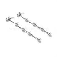Round Plastic Pearl Beaded Long Chain Dangle Stud Earrings, 304 Stainless Steel Drop Earrings for Women, Stainless Steel Color, 88x6mm, Pin: 0.7mm(STAS-D179-04P-01)