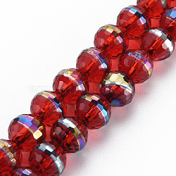 Electroplate Transparent Glass Beads Strands, Rainbow Color Plated, Faceted, Round, Red, 10x9.5mm, Hole: 1.4mm, about 39~40pcs/strand, 14.17 inch~14.57 inch(36~37cm)(EGLA-N006-031-A02)