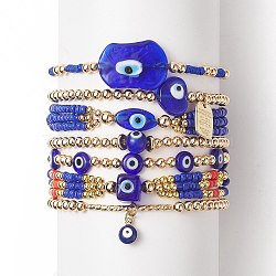 7Pcs 7 Style Evil Eye Lampwork & Glass Seed & Brass Beaded Stretch Bracelets Set for Women, Alloy Word Charms Stackable Bracelets for Women, Blue, Inner Diameter: 2~3-1/2 inch(5.2~8.8cm), 1Pc/style(BJEW-JB09249-03)