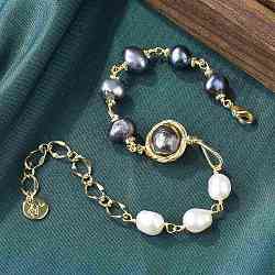 Pearl Beaded Bracelets, with Brass Findings, Flat Round, Real 14K Gold Plated, 6-3/4 inch(17.1cm)(BJEW-P350-01G)