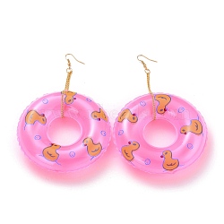 Resin Dangle Earrings, with Light Gold Iron Earring Hooks, Swim Ring with Duck Pattern, Hot Pink, 136mm, Pin: 0.5mm(EJEW-Z015-01)