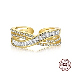 925 Sterling Silver Criss Cross Open Cuff Rings with Cubic Zirconia, Golden, 7mm, US Size 7(17.3mm)(RJEW-F150-66B-G)