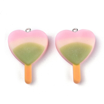 Resin Pendants, Imitation Lollipop, Heart, Necklace Keychain Pendant, Pink, 38x26x8mm, Hole: 1.8mm