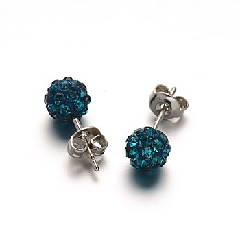 Polymer Clay Rhinestone Ball Stud Earrings, with Stainless Steel Stud Earring Findings, Stainless Steel Color, Blue Zircon, 6mm, Pin: 0.8mm